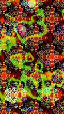 Halk tarzı. Moda baskıları için zarif bir şablon. Modern çiçek arkaplanı. Parlak renkli çiçekleri ve siyah ve kahverengi renkte yaprakları olan harika bir çiçek deseni..