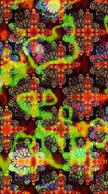 Halk tarzı. Moda baskıları için zarif bir şablon. Modern çiçek arkaplanı. Parlak renkli çiçekleri ve siyah ve kahverengi renkte yaprakları olan harika bir çiçek deseni..