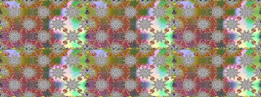 İşlemeli çiçekli, dikişsiz desen. Parmak izi, kumaş, duvar kâğıdı, tekstil için raster dokusu. Renkli grunge soyut arkaplanı Cologray ve kahverengi çiçeklerle zenginleştirir.