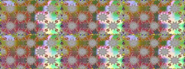 İşlemeli çiçekli, dikişsiz desen. Parmak izi, kumaş, duvar kâğıdı, tekstil için raster dokusu. Renkli grunge soyut arkaplanı Cologray ve kahverengi çiçeklerle zenginleştirir.