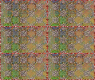 Çok renkli ve kahverengi zarif küçük çiçekler ve bej ve kahverengi renkli komik böcekler, raster desen, illüstrasyon.