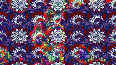 Çiçek. Mavi ve kırmızı renklerde. Taslak dekoratif arka plan, çiçek mandala. Raster illüstrasyonu.