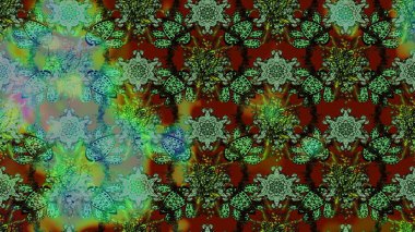 Çiçekler. Soyut etnik raster çizim kalıbı. Vadinin çiçekleri yeşil ve kahverengi renklerde.