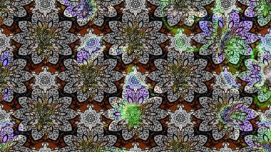 Gri ve siyah renkli şirin çiçek deseni. Renkli Bahar Teması eskiz kalıbı. Raster Modaya uygun kumaş deseni. Düz Çiçek Elementleri Tasarımı.