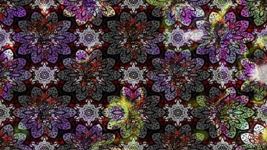 Parlak renkli çiçekleri ve siyah ve gri renkli yaprakları olan harika bir çiçek deseni. Moda baskıları için zarif bir şablon. Halk tarzı. Modern çiçek arkaplanı.