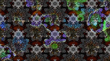 Modern çiçek arkaplanı. Moda baskıları için zarif bir şablon. Parlak renkli çiçekleri ve siyah ve gri renkli yaprakları olan harika bir çiçek deseni. Halk stili.