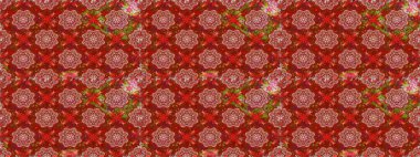 Millefleur 'lar. Tekstil, kumaş, kapaklar, duvar kağıtları, baskı, naylon, yapıştırma, örgü, dekupaj için çiçeksiz arkaplan. Küçük kırmızı ve kahverengi renkte güzel bir besin torbası deseni, çiçekler..