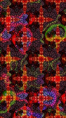 Raster illüstrasyonu. Çiçek desenli çizim. Siyah ve kahverengi renkli Asya tekstili.