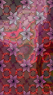 Çiçek desenli çizim. Kahverengi renkli Asya tekstili. Raster illüstrasyonu.