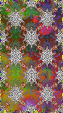 Raster Çiçek İllüstrasyonu güzel tekstil. Kahverengi ve gri renklerde etnik çiçeklerle kusursuz bir desen..