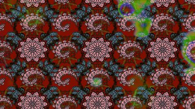 Kırmızı ve kahverengi renkte etnik çiçeklerle süslenmiş zarif bir eskiz şekli. Raster Çiçek İllüstrasyonu güzel tekstil..