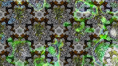 Gri ve yeşil renkte etnik çiçeklerle süslenmiş zarif bir eskiz şekli. Asya Tekstil 'inde Raster Çiçek İllüstrasyonu.