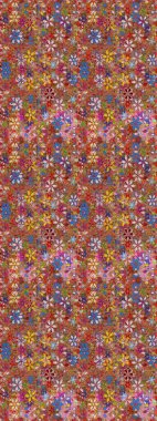 Moda baskıları için zarif bir şablon. Halk tarzı. Modern çiçek arkaplanı. Parlak renkli çiçekleri ve kahverengi ve kırmızı yaprakları olan şaşırtıcı, pürüzsüz çiçek deseni..