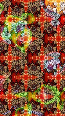 Elle çizilmiş çiçek desenli Raster çizimi. Tekstil, kumaş, ambalaj, hatıra defteri için hoş bir çiçek arkaplanı. Çocuksu tasarım. Kırmızı ve kahverengi arkaplanda.