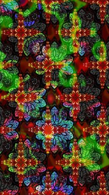 Siyah ve yeşil renkte etnik çiçeklerle süslenmiş zarif bir eskiz şekli. Asya Tekstil 'inde Raster Çiçek İllüstrasyonu.