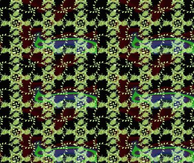 Raster illüstrasyonu. Şirin çiçekli eskiz deseni ve siyah, yeşil ve kahverengi renkli yapraklar, suluboya çiçek deseni, duvar kağıdı, kart veya kumaş için fayanslı.