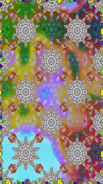 Raster - stok. Kusursuz bir arka plan modeli. Yapraklı çiçekler ve kır ve kahverengi renkli papatya çiçekleri..