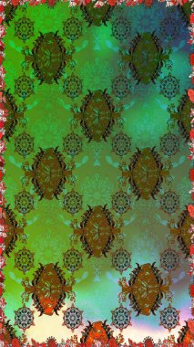 Çiçeksiz desenli arka plan, darbeler, sıçramalar, yaz çiçekleri. Yeşil ve kahverengi renkli çiçekler. Raster illüstrasyonu.