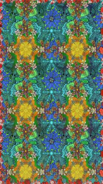 Halk tarzı. Parlak renkli çiçeklerle ve mavi ve yeşil renklerde yapraklarla şaşırtıcı, pürüzsüz çiçek deseni. Moda baskıları için zarif bir şablon. Modern çiçek arkaplanı.