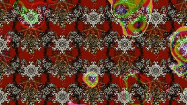 Moda baskıları için zarif bir şablon. Halk tarzı. Modern çiçek arkaplanı. Parlak renkli çiçekleri olan ve kahverengi ve kırmızı renkte yaprakları olan inanılmaz bir çiçek deseni..