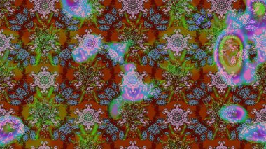 Raster deseni. Bahar çiçekleri dallı desen, kahverengi ve çiçek siluetiyle yeşil renkler.