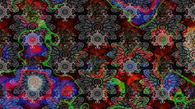 Suluboya elle çizilmiş çiçek desenli eskiz deseni. Parlak renkli fantezi çiçekleri, yapraklar, siyah ve gri renkli tomurcuklar..