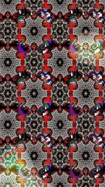 Siyah ve nötr renklerde etnik çiçeklerle süslenmiş zarif bir eskiz şekli. Asya Tekstil 'inde Raster Çiçek İllüstrasyonu.