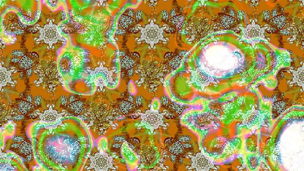 Çiçek ve yapraklı karalama şeklinde Raster çiçek deseni. Kahverengi ve yeşil renklerde bahar çiçekleri. Raster illüstrasyonu.