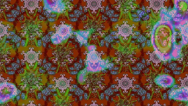 Raster deseni. Bahar çiçekleri dallı desen, kahverengi ve çiçek siluetiyle yeşil renkler.