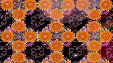 Raster Floral Illustration, Asyalı tekstil. Turuncu ve siyah renklerde etnik çiçeklerle kusursuz bir desen..