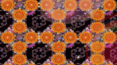 Raster Floral Illustration, Asyalı tekstil. Turuncu ve siyah renklerde etnik çiçeklerle kusursuz bir desen..