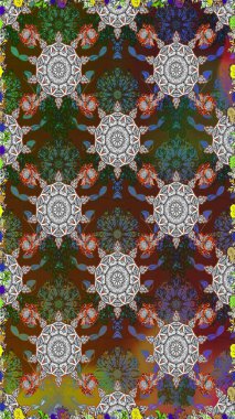 Çiçeksiz desenli nakış işlemeli gelincikler ve vadideki zambaklar. Tekstil tasarımı için kahverengi renkli geleneksel halk çiçekleri buketi.