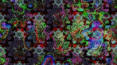 Çok renkli, zarif küçük çiçekler ve siyah renkli komik böcekler, raster desen, illüstrasyon..