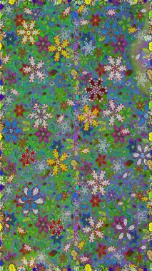 Raster illustration. In asian textile style on green and blue colors. Floral seamless pattern with watercolor flowers.