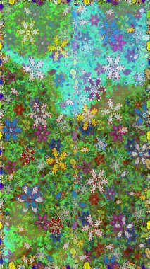 Design gift wrapping paper, greeting cards, posters and banner design. Raster flat flowers seamless pattern. Flowers on green and blue colors.