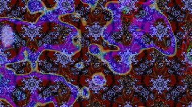 Raster illüstrasyonu. Çiçek desenli çizim. Mor ve kahverengi renkli Asya tekstili.