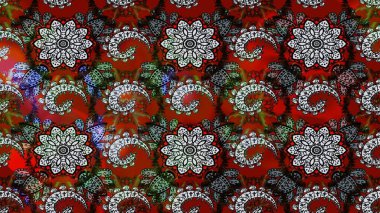 Raster Çiçek İllüstrasyonu güzel tekstil. Gri ve kırmızı renkte etnik çiçeklerle süslenmiş zarif bir eskiz..