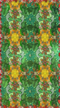 Vadinin yeşil renkli çiçekleri. Soyut etnik raster çizim kalıbı. Çiçekler..