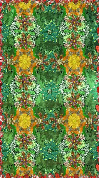 Vadinin yeşil renkli çiçekleri. Soyut etnik raster çizim kalıbı. Çiçekler..