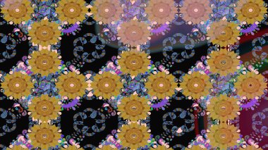 Raster illüstrasyonu. Çizim kalıbı. Siyah renklerde. Renkli süs kenarı. Hint süsü. Çiçek duvar kağıdı.