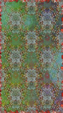 Raster çiçekleri klasik tarzda çizilmiş. Raster illüstrasyonu. Yumuşak, yeşil ve kahverengi renklerde bahar çiçekleri. Çiçekli, pürüzsüz desen.