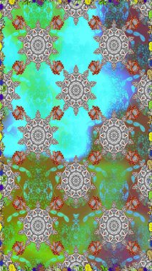 Raster illüstrasyonunda kusursuz çiçek deseni. Mavi ve yeşil renkli çiçekler. Düz Çiçek Elementleri Tasarımı. Renkli Bahar Teması Kusursuz Arkaplan.