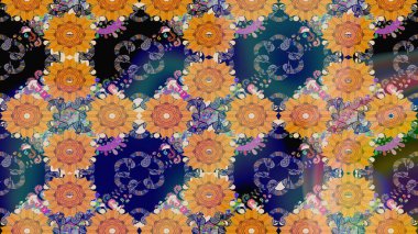 Renkli Bahar Teması eskiz kalıbı. Düz Çiçek Elementleri Tasarımı. Turuncu renkli çiçekler. Sevimli çiçek raster deseni.