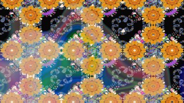 Miles Fleur, süslü püslü bir süs. Kumaş, tekstil, duvar kağıdı baskısı için. Eskiz geçmişi. Tomurcukları papatya çiçekleri olan sevimli bir çiçek deseni. Raster illüstrasyonu. Antika retro tarzı.