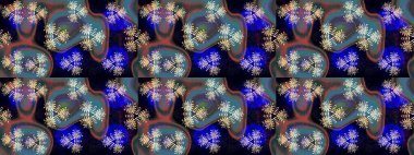 Raster illüstrasyonu. Yumuşak, bahar çiçekleri mavi ve siyah renklerde. Yaprak ve çiçeklerin suluboya resmi, mavi ve siyah renklerde kusursuz desen.