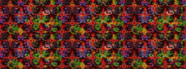 Motley illüstrasyonu. Küçük renkli çiçekler. Moda baskıları için zarif bir şablon. Siyah ve kahverengi çiçekli bahar çiçekleri. Küçük çiçekte şirin desenler.