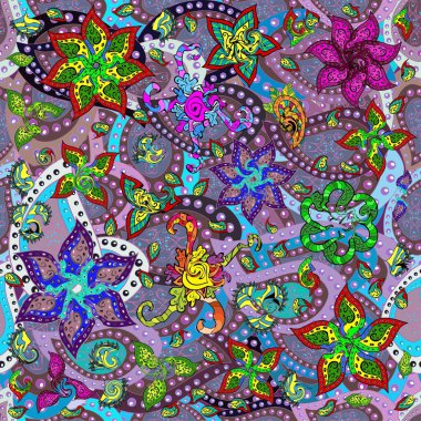 Çiçekli karalama şeklinde kusursuz vektör deseni. Nazik, narin çiçek arkaplanı. Hoş renklerde çiçekler. Kusursuz desen.