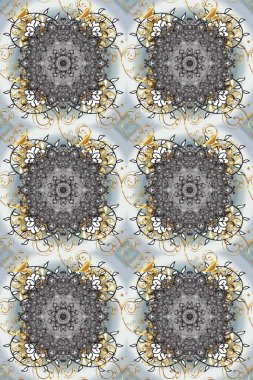 Kış kar dokusu duvar kağıdı. Gri, bej ve nötr renklerde altın kar taneleri. Sembol bayramı, yeni yıl kutlamaları, altın desenler. Noel altın kar taneleri kusursuz desen.