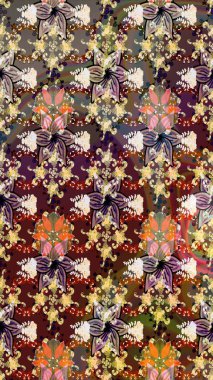 Çiçekli karalama şeklinde Raster çiçek deseni. Raster illüstrasyonu. Nazikçe, yaz çiçekleri kahverengi renklerde.