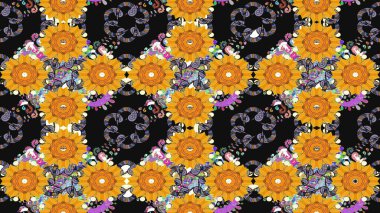 Halk tarzı. Moda baskıları için zarif bir şablon. Parlak renkli çiçekleri ve gri ve sarı renklerde yaprakları olan kusursuz çiçek desenleri. Modern çiçek arkaplanı.